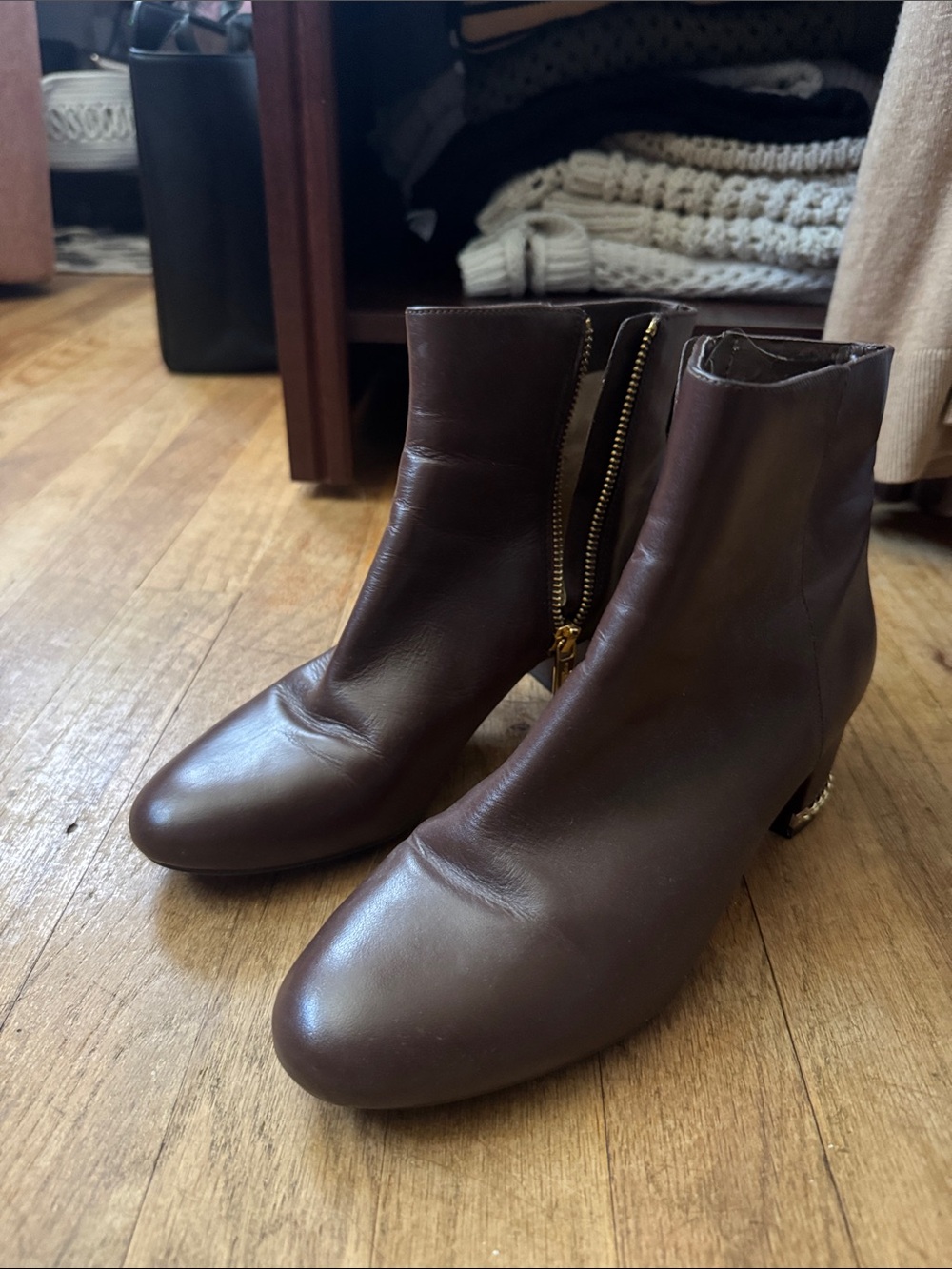Michael Kors Dark Brown Leather Ankle Booties with Side Zip